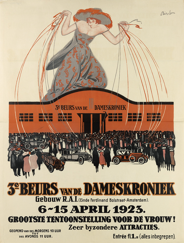 3e Beurs van de Dameskroniek, Gebouw R.A.I (Einde Ferdinand Bolstraat Amsterdam), 6-15 April 1923. Grootste Tentoonstelling Voor De Vrouw, Zeer byzondere Attracties. Geopend Van des Morgens 10 uur tot Des Avonds 11 uur. Entrée fl 1 (alles inbegrepen).
