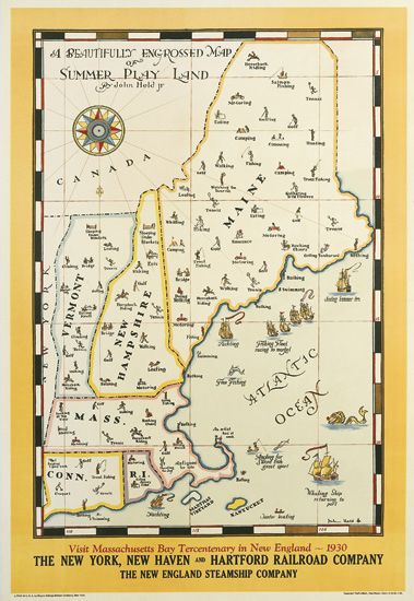 A Beautifully Engrossed Map Of Summer Play Land.Atlantic Ocean, Visit Massachusetts Bay Terntcntenary In New England 1930, The New York, New Haven And Hartford Railroad Company, The New England Steamship Company,