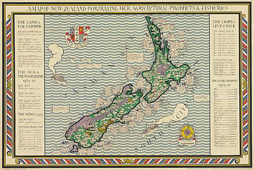 A  Map Of New Zealand Portraying Her Agricltiral Product & Fisheries, The Landa The Farmer, The Sea The Fiseries The Mines, The Crops & Live Tock The Years