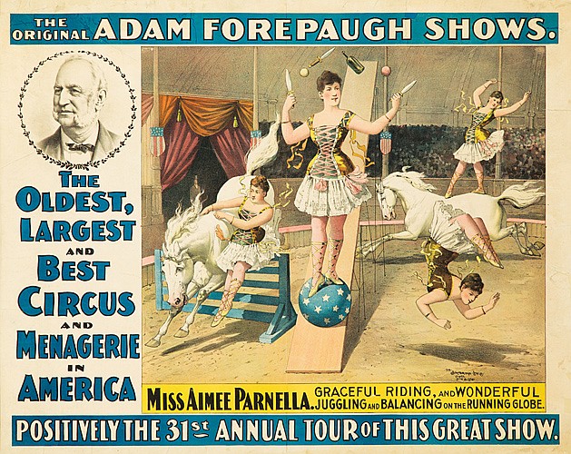 Original, Adam Forepaugh Shows., The Oldest, Largest, And, Best, Circus, And, Menagerie, In, America, Miss Aimee Parnella. Graceful Riding, And Wonderful, Juggling And Balancing On The Running Globe., Positively The 31st Annual Tout Of this Great Show.
