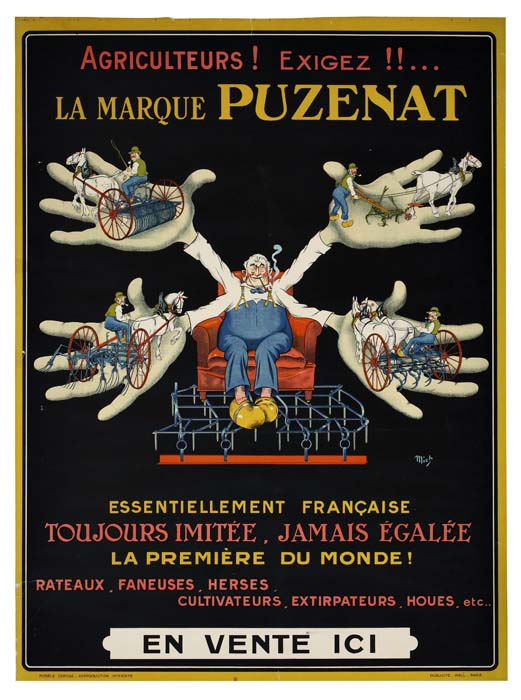 Agriculteurs Exigez La Marque Puzenat, essentiellement francaise, toujours imitee jamais egalee, la premiere du monde, rateaux, faneuses, herses. Cultivateurs. Extirpateurs, houes etc, en vente ici