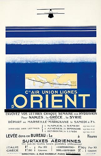 Aie Air Union Lignes, D’Orient, Envoyetz Vos Lettres Chaque Semaine Dar Hydravion, Pour Naoles La Grece La Syrie, Depart De Marseille  Marignane Le Samedi A 7h, Arrivee One Lettres {Naples.Le Samedi, Athenes.Le Dimanche, Deyrouth.Le Lundi, Levee Dons Ce Bureau : Le A Heures, Surtaxes Aeriennes, (En Sus De Loutes Loxos Postolas Oranairos), Italie 1 Pax 20|  Casteirosso  1200 |Par 10, Grece, Direction : 2Rue Marbeuf.Paris