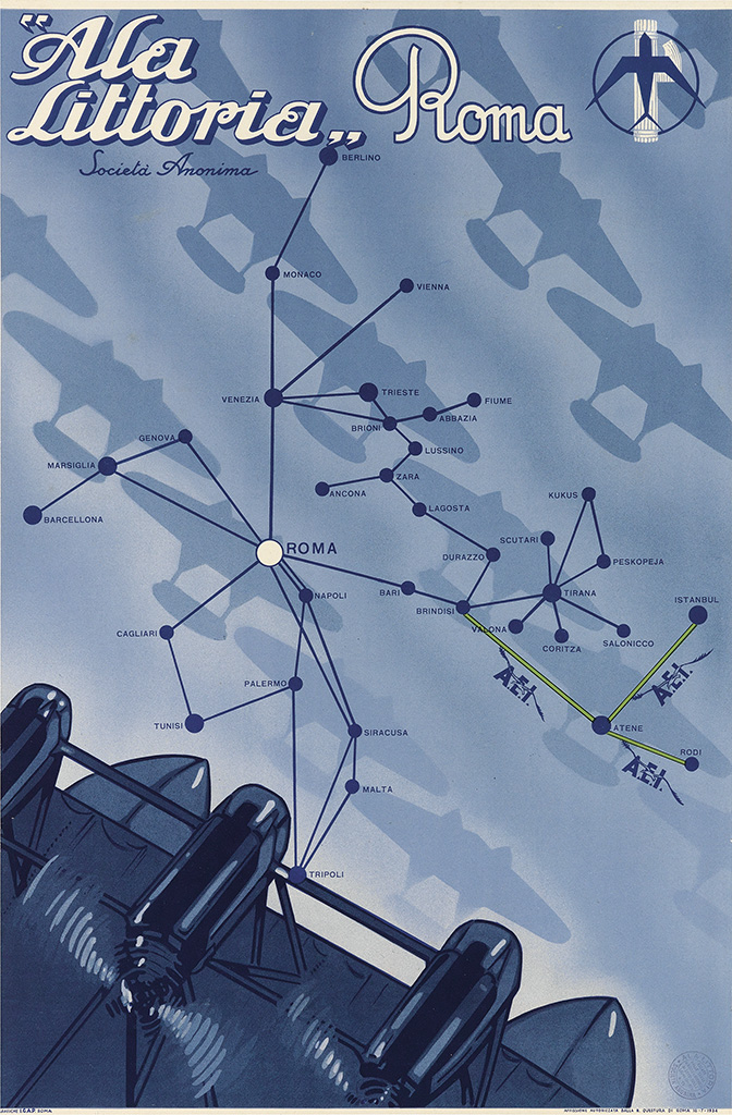 Ala Littoria Roma, Socieda Amonima, Berlno, Monaco, Vienna, Venezia, Trieste, Fiume, Brioni, AbbaziaGenove, Marsiclla Barcellone, Brioni Lussino, Ancona, Zara, Lagosta, Roma, Duraqzzo Scutari, Peskopeja, Tirana, Istanbul, Salonicco, Cagllari, Tunisi, Palermo Napoli Bari, Brindisi, Siracusa, AEI, Atene, Rodi, Malta, Taipoli
