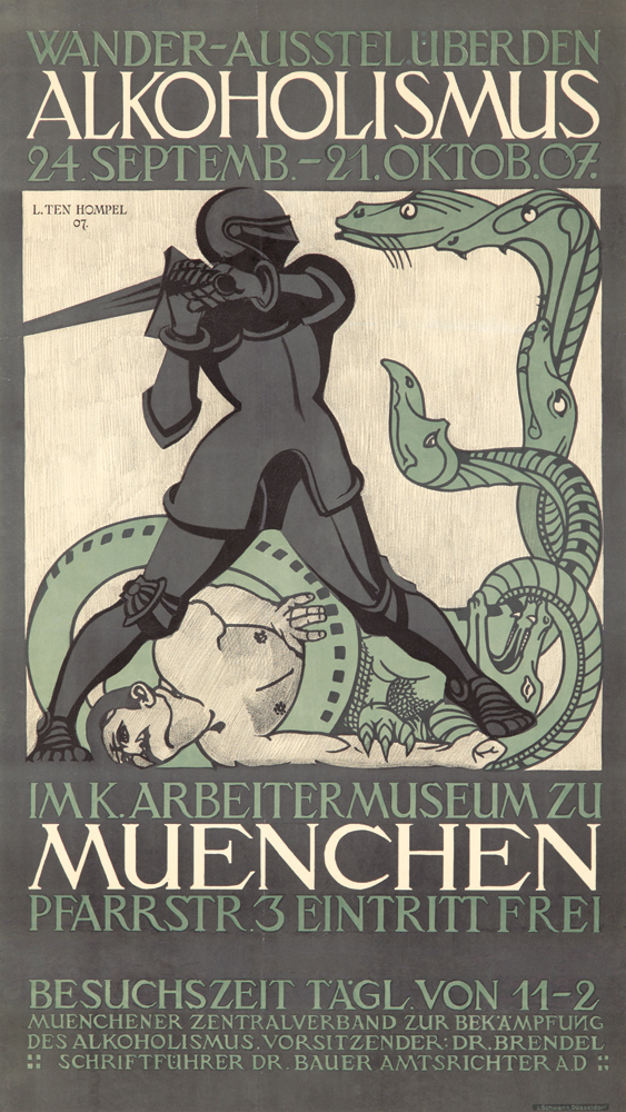 Wander Ausstel Uberden, Alkoholismus, 24.Septemb 21.Iktob.07., L.Ten hompel, 07., Im K.ArbeiterMuseum Zu, Muenchen, Pfarrstr.3 Eintritt Frei, Besuchszeit Tagl Von 11-2, Muenchener Zentralverband Zur Bek Amapfung, Des Alkoholismus Vorsitzender:Dr Bauer Amtsrichter A.d ;;