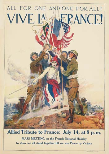 All For One And One For All!, Vive La France!, Allied Tribute To France: July 14, At 8 P. M., Mass Meetind On The French National Holiday, To Show We All Stand Together Till We Win Peace By Victory