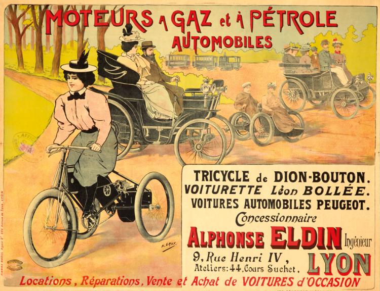 Moteurs A Gaz Et a Petrole, Automobiles, Tricycle De Dion Bouton, Voiturette Leon Bollee, Voitures Automobiles Peugeot, Concessionnaire, Alphonse Eldin Ingenieur, 9, Rue Henri Iv, Lyon, Ateliers: 44, cours Suchet, Locations, Reparations, Vente Et Achat De Voitures D’Occasion