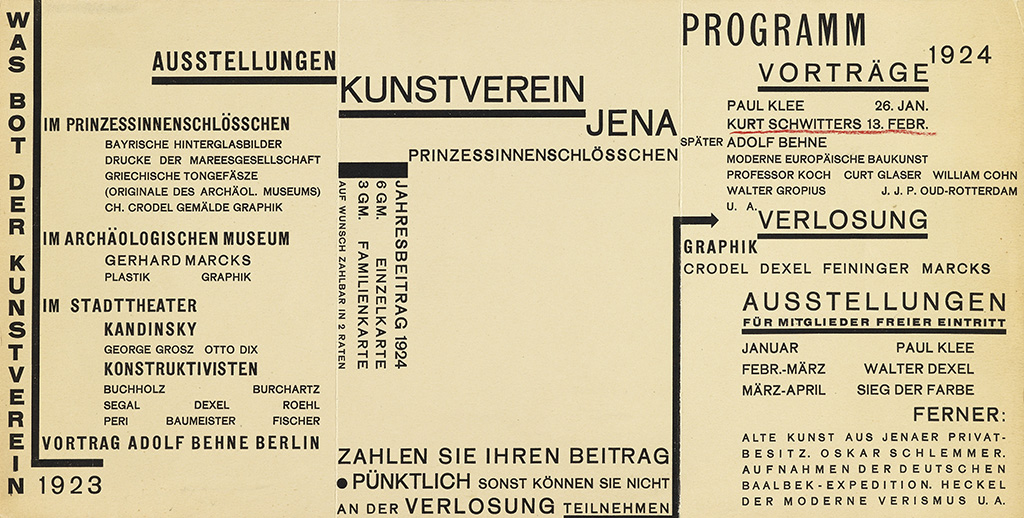 ausstellungen, im prinzessinnenschlosschen, bayrische hinterglasbilder, drucke der mareesgesellschaft, griechische tongefasze, (orginale des archaol museums), ch.crodel gemalde graphik, imarchaologischen museum, gerhard marcks, plastik graphik, im stadttheater, kandinsky, george grosz otto dix, konstruktivisten, buchholz, burchartz, segal dexel roehl, peri baumeister fischer, vortrag adolf behne berlin, kunstverein, jena, prinzessinnenschlosschen, jahresbeitrag 1924, 6gm. einzelkarte, 3gm. familienkarte auf wunsch zahbar in 2 raten, zahlen sie ihren beitrag, punktlich sonst konnen sie nicht an der verlosung teilnehmen, paul klee 26 jan., kurt schwitters 13.febr. , adolf behne, moderne europaische baukunst, professor koch curt glaser william cohn, walter gropius jjp oud rotterdam u a. verlosung, Graphik, crodel dexel feininger marcks, ausstellungen for mitglieder freier eintritt, januar paul klee, febr. marz, walter dexel, ferner., alte kunst aus jenaer privat, besitz. oskar schlemmer., aufnahmen der deuts chen, ballbek expedition, heckel, der moderne verismus U.A.