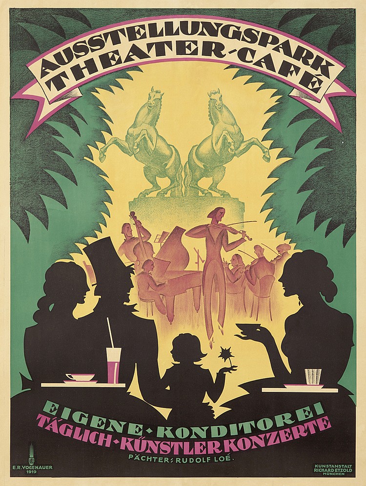 Austellungspark, Theater Café, Eigene konditorei, taglich kunstler konzerte, pachter rudolf loe, e.r.vogenauer, 1919, kunstanstalt, richro etzold, munchen