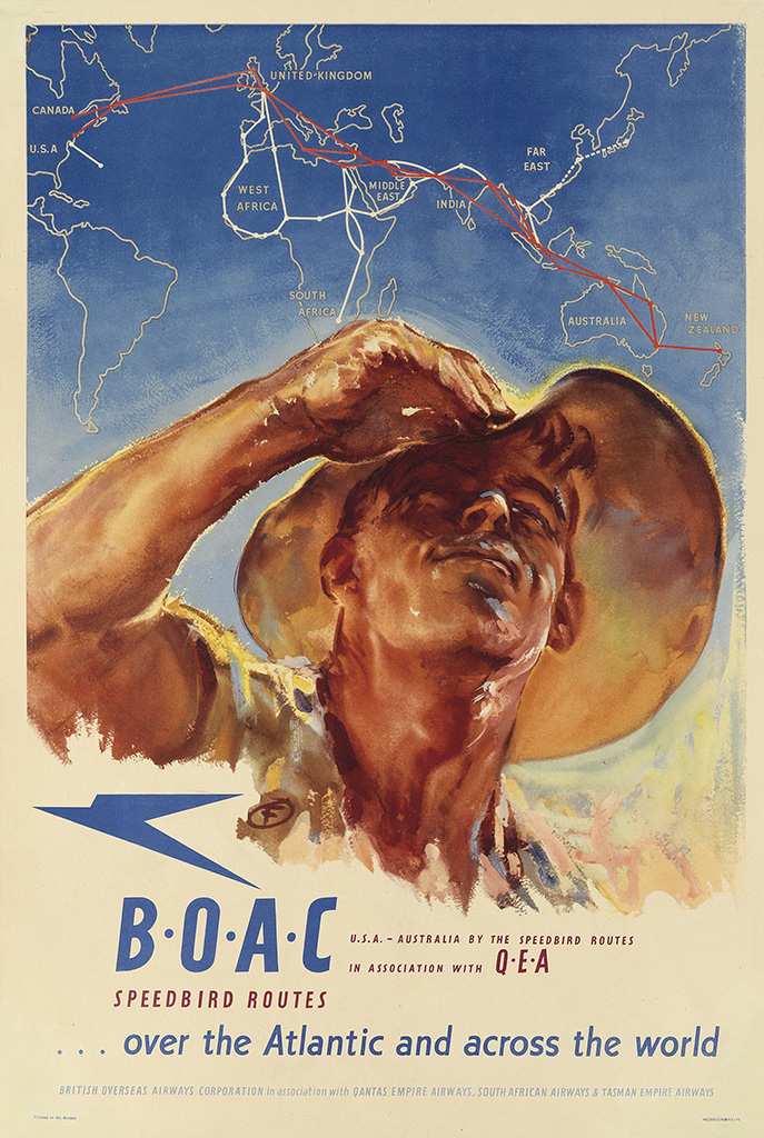 Canada, United-Kingdom, U.S.A, West Africa, Middle East, India, Far East, South Africa, Australia, New Zealand, B.O.A.C., U.S.A australia by the speedbird routes in association with Q.E.A, SpeedBird Routes, over the Atlantic and across the World