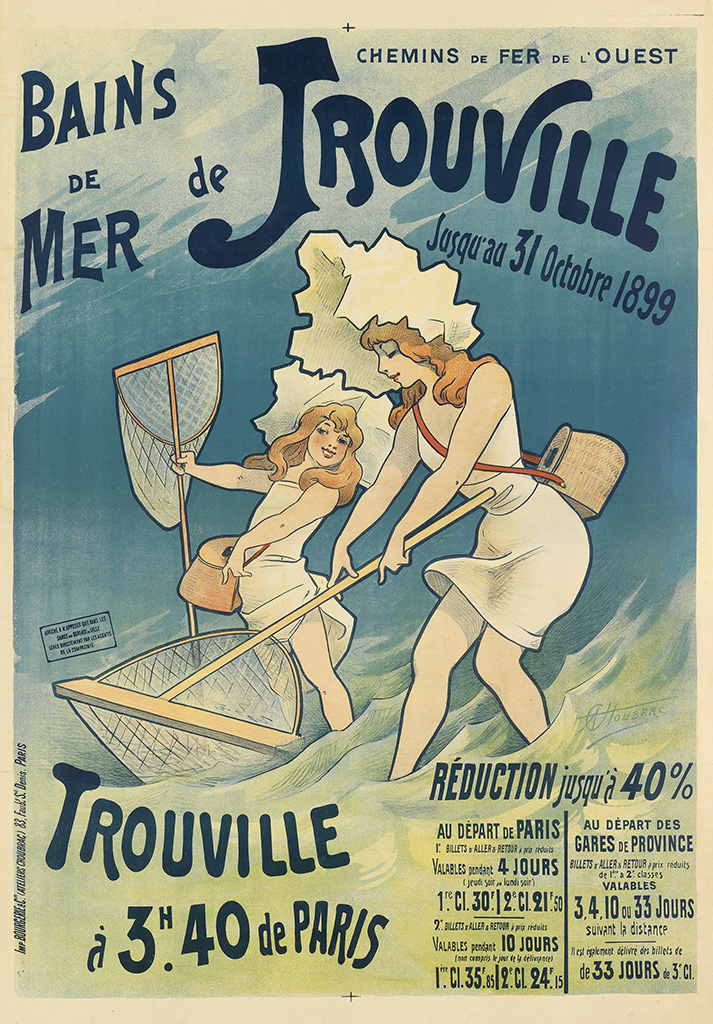 Chemins de fer de l’ouest, bains, de, Mer, de Jrouville, Jusqu’au 31octobre 1899, Trouville, a 3H.40 de Paris, Reduction jusqu a 40%, au depart de paris, 4jours, 1cl.30 2 cl 21. 10 jours l cl. 35 12 cl. 24., au depart des gares de province, valables 3,4,10,ow,33 jours de jours de 3cl.