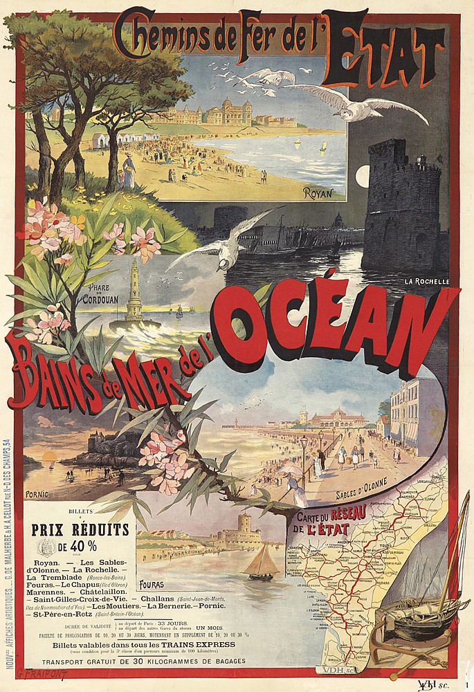 Chemins De Fer De I’Etat, Royan, La Rochelle, Phare, De, Cordouan, Bains De Mer De I’Ocean, Pornic, Billets, Prix Reduits, De 40%, Sables D’Olonne, Carte Du Reseau, De nL’Etat, Royan. ? Les Sables , D’Olonne.? La Rochelle. ?, La Tremblade (Rocce Baiss),  Fouras. ? Chatelailon., ?Saint.Gilles Croix De Vie. ? Challans, Fouras, ?Les Bernerie.?Pornic., ?St Pere En Retz ?, Billets Valables Dans Tous Les Trains Express, Transport Gratuit De 30 Kilogrammes De Bagages, G. Fraipont, Nov. Affiches_ _G.De, MAlherbe & H.A.CCellot Rue N D Des Champs.54, Vdh, Sc
