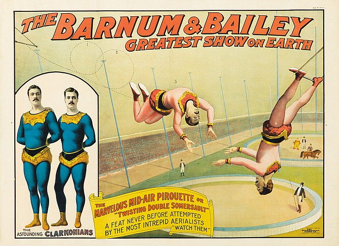 The Barnum & Bailey, Greatest, Show On Earth, The, Marvelous Mid Air Pirouette Or, “Twisting Double Somersault”, A Feat Never Before Attempted, By The Most Intrepid Aerialists, “Watch Them”, The, Astounding Clarkonians