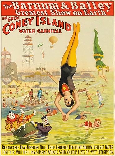 The Barnum and Bailey, And Greatest, Show On Earth, The Great, Coney Island, Water Carnival, Remarkable Head Foremost Dives From Enormous Heights Into Shallow Depths Of Water, Together With Thrilling&Daring Aquatic & Sub Aqueous Feats Of Every Description.
