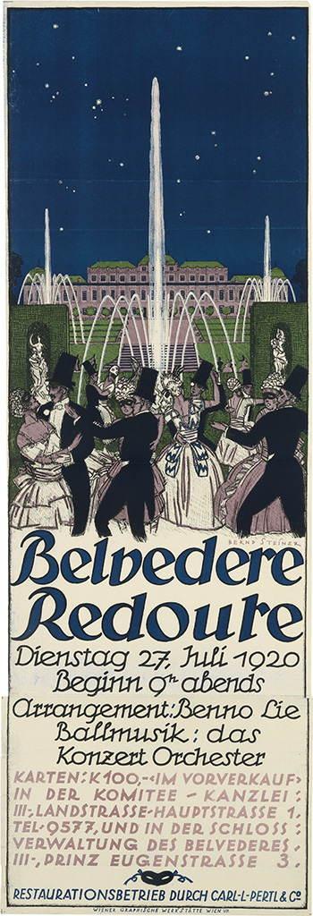 Belvedere, Rredoute, Dienstag 27,tuli 1920 Beginn 9h Abends, Arrangement: Benno Lie, Ballmusik: Das Konzert Orchester, Karten:k 100-Im Vorverkauf, In Der Komitee – Kanzlei : III, Landstrasse Hauptstrasse 1 Tel, 9577, Und In Der SchlossVerwaltung Des  Belverderes, III, Prinz Eugenstrasse 3, Restarationsbetrieb Durch Carl-L-Pertl &