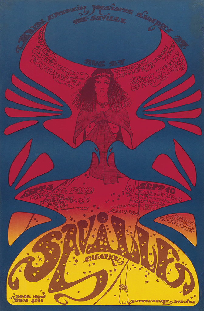 Brain Easdein Presents Sunday At The Saville, The Jimi Hendrix Experience, Tomorrow Featuring Keith West, The Crazy World Of Arthur Brown,Sept 3 George Fame & The Harry South Big Band, Sept 10 Eric Burdon, & The New Animals Denny Laine & The Electric String Band Sam & Bill, Dontalions Chariot Zoot Money, Saville Theatre, Book Now Item  Shaftlsburn Avenue