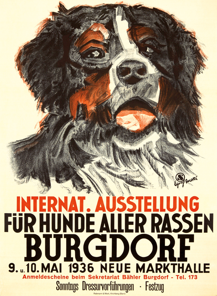 Internat. Ausstellung, Fur Hunde Aller Rassen, Burgdorf, 9. u. 10. Mai 1936 Neue Markthalle, Anmeldescheine beim Sekretariat Bahler Burgdorf Tel. 173, Sonntags Dressurvorfuhrungen . Festzug