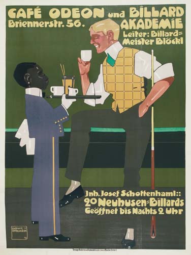 Cafe Odeon Und Billard, Briennerstr.56. Akademie, Leiter: Billard=, Meister Blackl, Jab.Josef Schoffenhaml::, 20 Neubusen Billards, Geoffnet Bis Nachts 2 Uhr
