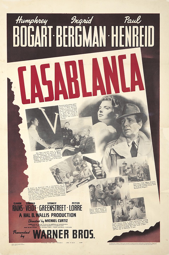 Humphrey Jngrid Paul, Bogart   Bergman   Henreid, Casablanla, Claude Conarad Sydney Peter, Rains   Veidt   Greenstreet   Lorre, A Hal B. Wallis Production, Directed By Michael Curtiz, Presented, By, Warner Bros.