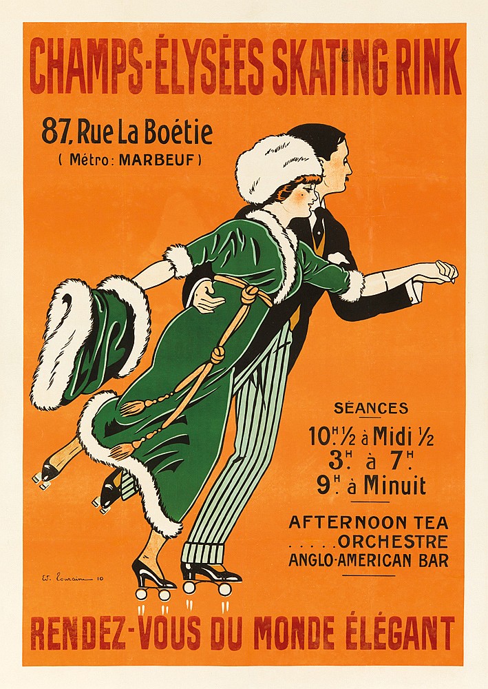 Champs-Elysees Skating Rink, 87, Rue La Boetie, (Metro : Marbeuf), Seances, 10H 1/2 a Midi 1/2, 3H. A 7H, 9H. A Minuit, Afternoon Tea, Orchestre, Anglo American Bar, Rendez-Vous Du Monde Elegant