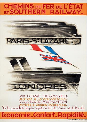 Chemins De Fer De L’Etat, Et Southern Railway_, Paris s: Lazared, Londres, Via Diepre_Newhaven, Arrivee A Londes Victoria., Vialehavre_Southampton, Arrivee A Londres Waterloo., Par Les Paquebots Les Plus Rapides Et Les Plus Iuxaeux De La Manche, Economie_Confort_Rapidite_