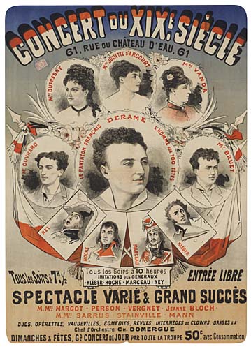 Concert Du Xix Siecle, G1. Rue Chateau Deau G1, Mr. Ouvrard, M. Juliette, Vanda, Francais Derame, M: Bruet, Tour Les Soirs 7, Tous Les Soirs A 10 Heures, Entree Libre, Spectacle Varie & Grand Succes, M.M. Margot. Person-Vergnet Bloch, Operettes Vaudevilles At Clowns, Cn. Domergue, Dimanche Fetes.G Concert De Jour Par Toute La Troupe 50 Avec
