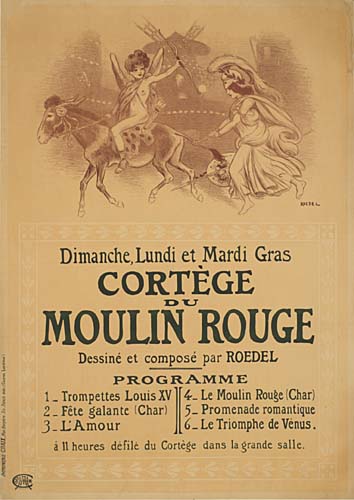 Dimanche Lundi Et Mardi Gras, Cortege, Du, Moulin Rouge, Dessine Et Compose Par Roedel, Programme, 1. Trompettes Louis XV, 2. Fete Galante (Char), 3. L’Amour, 4. Le Moulin Rouge (Char), 5. Promenade Romantique, 6. Le Triomphe De Venus, All Heures Defile Du Cortege Dans La Grande Salle