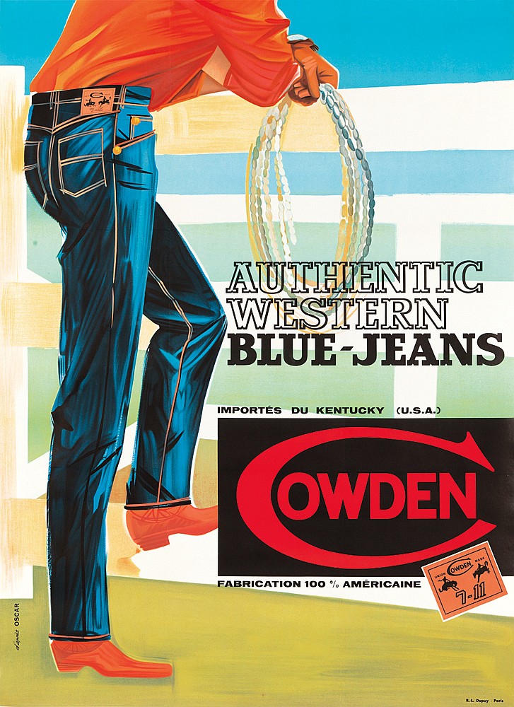 Authentic, Western, Blue-Jeans, Importes Du Kentucky (U.S.A.), Owden, Fabrication 100% Americaine, Made, 4-11, R.L. Dvpry., Oscar