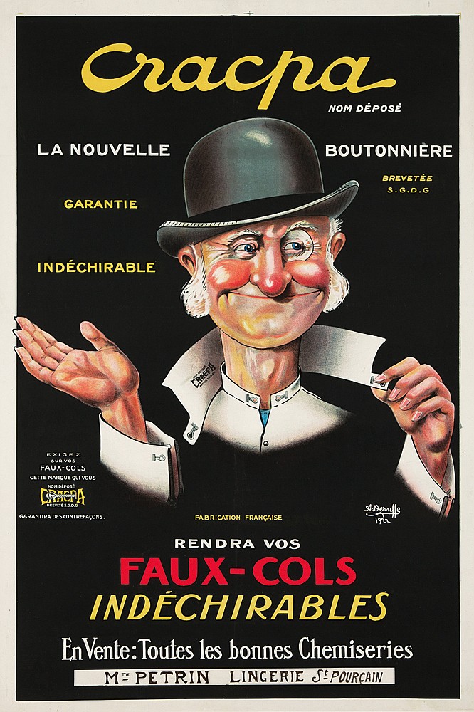 Cracpa, Nom Depose, La Nouelle Boutonniere, Brevetee, S.G.D.G, Garantie, Indechirable, Exigez, Sur Vos, Faux-Cols, Cette Marque Qui Vous, Nom Depose, Cracra, Garantira Des Contrefacons. Fabrication Francaise, 1922, Rendra Vos, Faux-Cols, Indechirables, En Vente: Toutes les bonnes Chemiseries, M Petrin Lingerie St. Pourcain