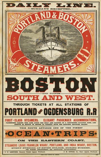 Daily Line Sundays Bixchipted, Portland & Boston Steamers, For Boston, And Points, South And West.throuch Tickets At All Stations Of, Portland And Ogdensburg R.R, First-Class Steamers. Elegant Passenger Accommodations, This Route Affords One Of The Finest, Ocean Trips, On The Eastern Coast, Steameas Leave Franklin Wharf, Portland, And India Wharf, Boston. Eveny Evening At Sevmn G’Clock During Summer, Por Wivier ,