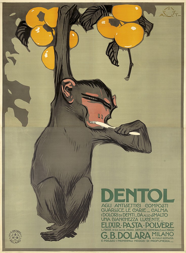 Dentol, agli antisettici composti, gvarisce la carie_calma, odolorl di denti_da allo smalto, una blanchezza lucente_, elixir-pasts-polvere, l.frere. 19 rue jacob_paris_deposito generale per l’ italia, g_b_dolara, milano, 46 viale romana, e presso I principali negozi di profumeria_, Off.g.ricordiec milano