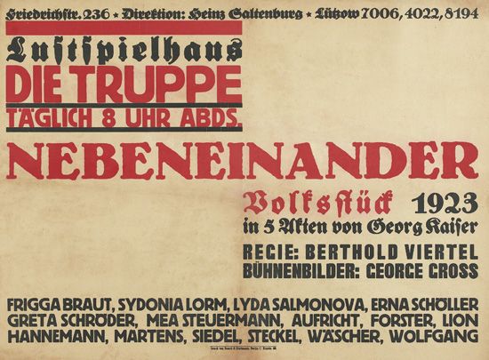 Die Truppe, Taglich 8 Uhr Abds, Nebeneinander, Bolfsftuct 1923, In 5, Regie: Berthold Viertel, Buhnenbilder: George Gross, Frigga braut, Sydonia Lorm, Lyda Salmonova, Erna Scholler Greta Schroder, Mea Steuermann, Aufrict, Forster, Lion Hannemann, Martens, Siedel, Steckel, wascher, Wolfgang