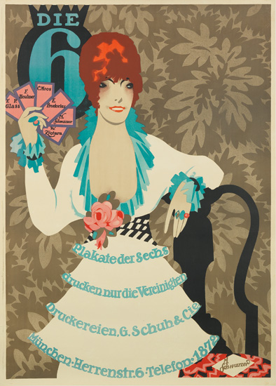 Die Fritz Huebner, Carl Moos, Walenty Zietara, Emil Preetorius, Franz Glass And Maz Schwarzer Plakateder Sechs Drucken Nurdie Vereinigten Druckereien G.Schuh & Cie Munchen Herrenstr.6 Telefon 1872