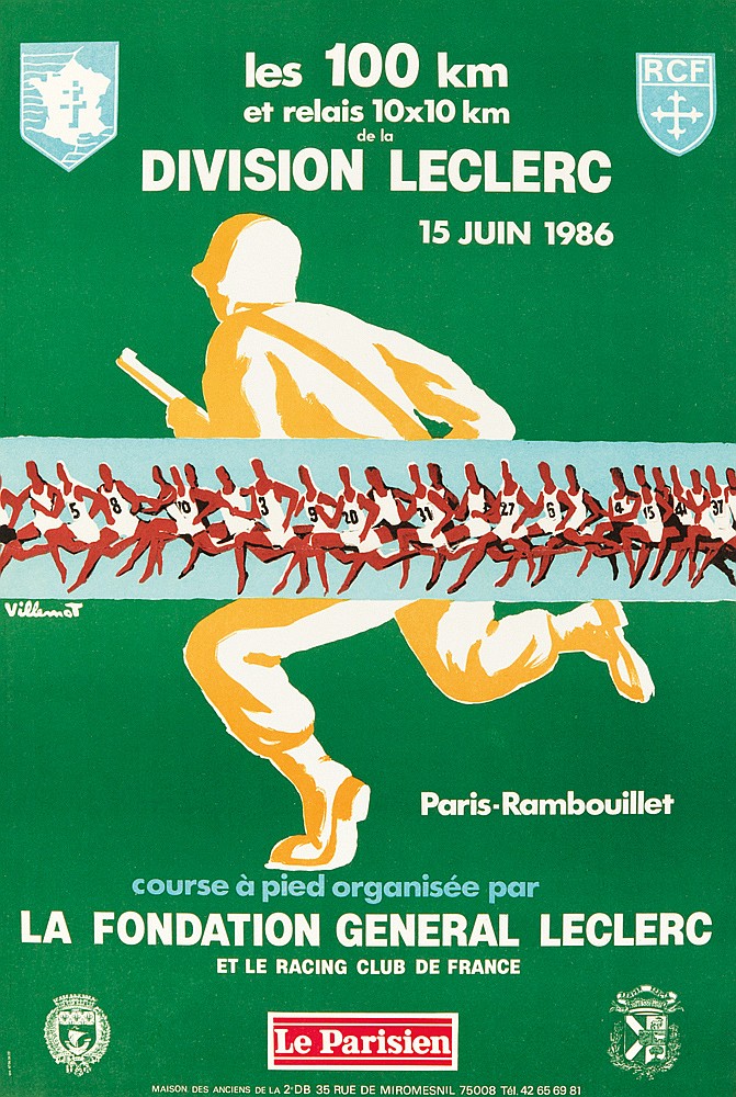 Les 100 km, et relais 10 x 10 km, Division Leclerc, 15 juin 1986, rcf, villemot, paris-rambouillet, course a pied organisee par, la fondation general leclerc, et le racing club de france, le parisien, maison des anciens de la 2 db  35 rue de miromesnil 75008 tel. 42 65 69 81