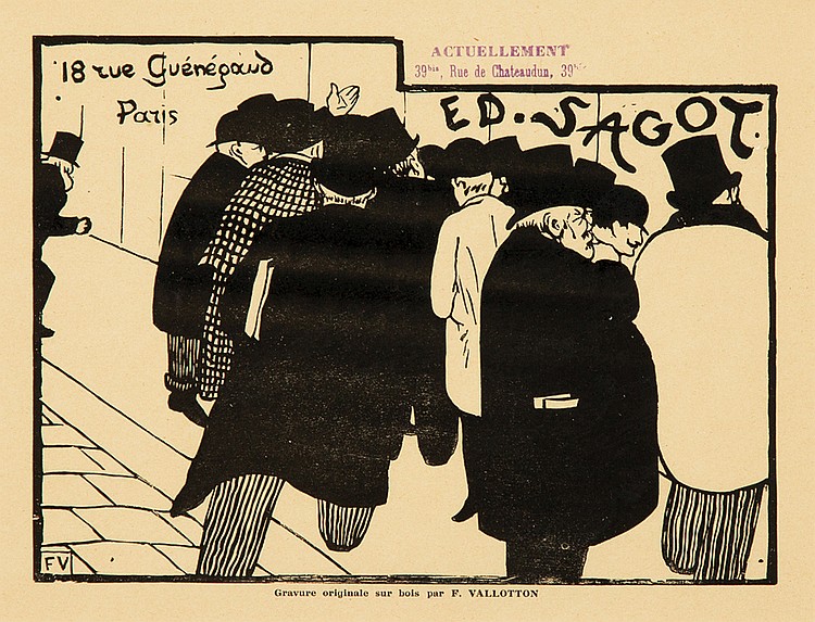 18 rue guenegoud, paris, actuellement, 29 , rue de chateaudun, 39, ed. Sagot, fv, gravure originale sur bois par f. vallotton