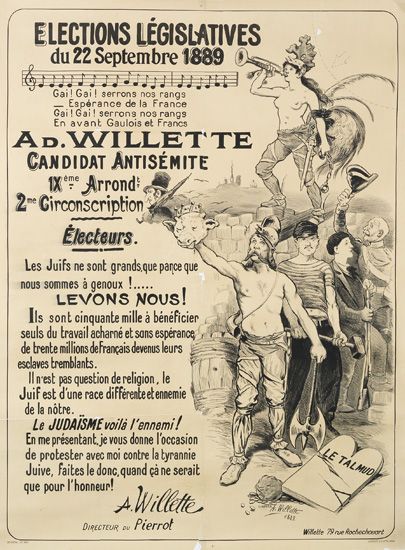 Elections Legislatives, Du 22 Septembre 1889, Gai Gai serrons nos rangs, Esperance de la france gai gai serrons nos rangs, En Avant gaulois et Francs, Ad. Willette, Candidat Antisemite, 1x eme Arrond, 2me circonscription, Electeurs. Les Juifs Ne sont Grands que panceque nous sommes a genoux, Levons Novs, IIs sont Cinquante mille a beneficier Seuls du travail Acharne et sons esperance, de trente Millions de francais devenus leurs esclaves tremblants, lln est pas question de religion le, juif est d’une race differenteet ennemie de la notre, Le judaisme voila annami, En me presentant je vous donne l’occasion de proter avec moi contre la tyrannie juive faites le donc quand ca ne serait que pour l’honneur!, A.willette, Le talmud, Pierrot