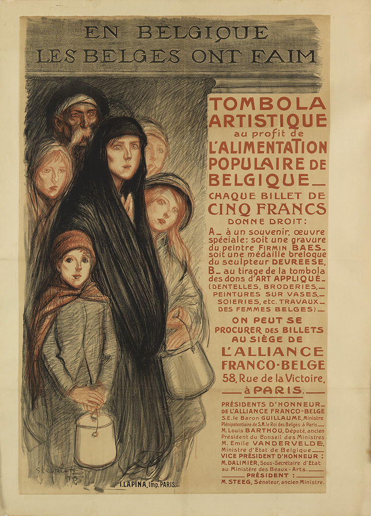 En Belgique, Les Belges ont Faim, Tombola, Artistique Au Profit De, Lalimentation, Papulaire De, Belgique, Chaque Billet De, Cinq Frances, Donne Droit, A a Un Souvenir Oeuvre Speciale: Soit Une Gravur, Du Peintre Firmin Baes, Soit Une Medaile Breloque, Du Seulpteur Devreese, B Au Tirage De La Tombola, Des Dons D’ Art Applique, Dentelles, Broderies, Peintures Sur Vase, Soieries Etc Travaux, Des Femmes Belges, On Peut Se, Procurer Des Billets, Au Siege De, L Alliance, Franco-Belge, 58 Rue De La Victoire, A Paris, Presidents D’ Honneur, De L Alliance Franco-Belge, S.E. Le Baron Guillaume Ministre, Ple