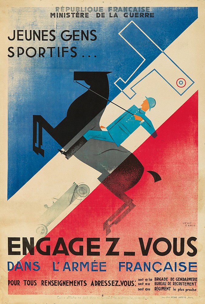 Republique francaise, ministere de la guerre, jeunes gens, sportifs, engagez_vous, dans l’armee francaise, pour tous renseignements adressez.vous: solt a la brigade de gendarmerie, solt au bureau de recrutement,  solt au regiment le plus proche, cette affiche ne doit etra ni rac couverte. ni detruuie. ni vendue paris