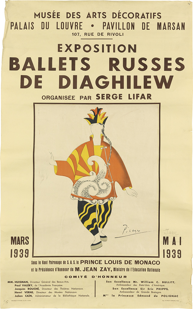 musee des arts decoratifs, palais du louvre pavillon de marsan, 107 rue de rivoli, exposition, ballets russes de diaghilew, organisee par serge lifar, mars 1939 mai1939, sous le haul palronage de s a s le prince louis de monaco, el la presldence d honneur de m jean zay mlnlslre de l eduction nationale, comite d hnneur comite d honneur, mm. huisman paul valery jacques rouche henri verne julion cain, son excellence mr. william c bullitt son excellence sir eric phipps, m la princesse edmond de polignac.