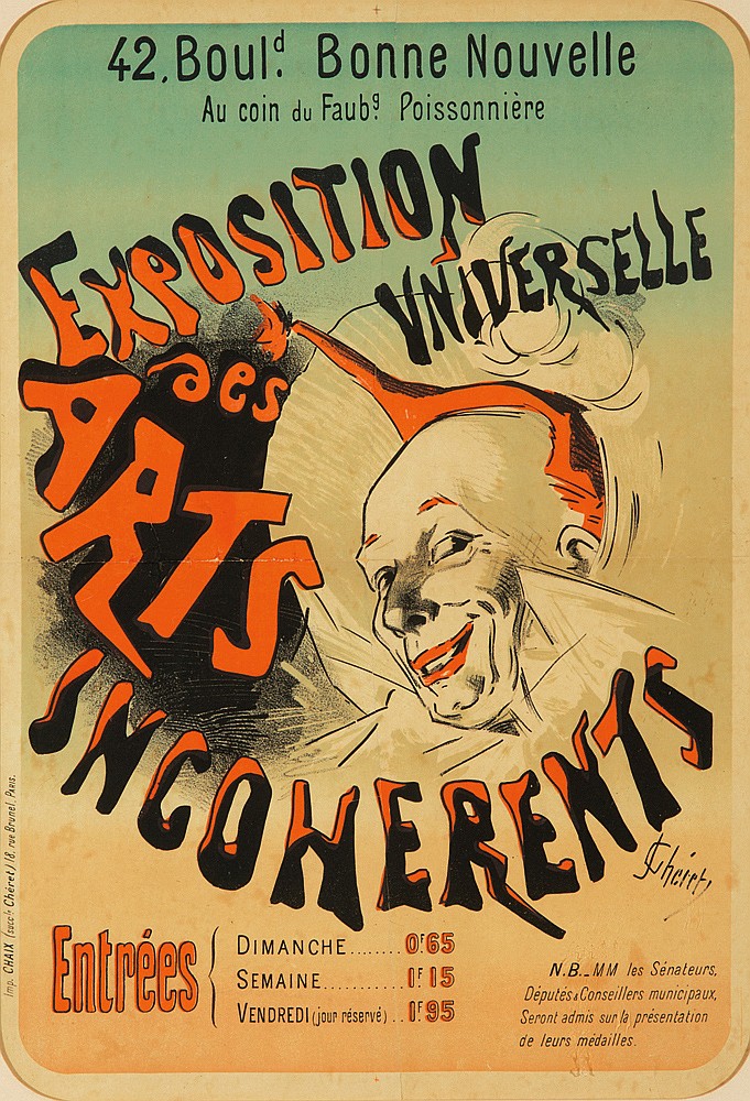 Exposition Des Arts Incoherents, au profit, ceuvres de protection de I enfance tous les jours de 1h du soir a minuit 18 Octobre au 19 Decembre 1886, les dimanches 24 & 31 octobre a partir de 10 h du matin, les autres dimanches a partir de 5 H. du soir prix d’entree, dimanche 0 65, semaine 1 05, vendredi 1 195,