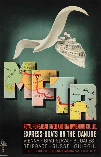 Ofsterreich Italia Cesko Slovensk, Magy Arorszag Jugoslav Ija, Romania, Bulgarie, Royal Hungarian River And Sea Navigation Co. Ltd, Express-Boats On The Danube, Vienna-Bratislava-Budapest-Belgrade-russe-giurgiu, head office. Budapest, v, maria valeria v, 11