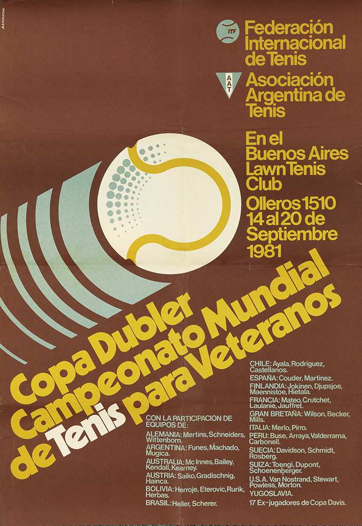 Federacion, Internacional, De Tenis, Asociacin, Argentina De, Tenis, Enel, Buenos Aires, Lawn Tenis, Club, Olleros, 1510, 14 Al 20 De Septiembre, 1981, Copa Dubler, Campeonato Mundial, Tenis Para Veteran Chile: Ayala, Rodriguez, Castellanos. Espana: Couder, Martinez Finlandia: Jokinen, Djupsjoe, Maennistoe, Hietala. Francia: Mateo, Crutchet, Laulanie, Jauffret., Italia: Merlo, Pirro. Peru:Buse, Arraya, Valderrama, Carbonell., Suecia: Davidson, Schmidt, Rosberg., Suiza: Toengi, Dupont, Schoenenberger. U.S.A. Van Nostrand, Stewart, Powless, Morton. Yugoslavia. 17Ex-Jugadores De Copa Davis., Con Laparticipacion De Equipos De:, Alemania: Mertins, Schneiders, Wittenborn., Argentina: Funes, Machado, Mugica., Australia: Mc Innes, Bailey, Kendall, Kearney., Austria: Saiko, Gradischnig, Hainca. Bolivia: Herroje, Eterovic, Rurik, Herbas., Brasil: Heller, Scherer.