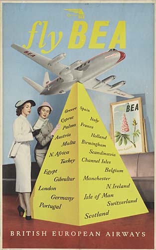 Fly Bea, Palma, Ausria, Malta, N.Africa,Turkey, Egypt, Gibraltar, London, Germany, Portugal, Italy, France, Holland, Belgium, Scandinavia, Birmingham, Manchester, N. Ireland, Isle of Man, Switzerland, Scotland British European Airways