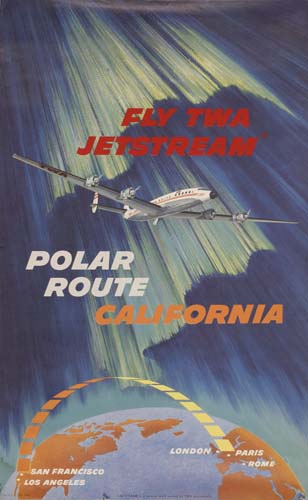 Fly Twa Jetstream, Polar, Route, California, San Francisco, Los Angeles, London Paris, Rome,