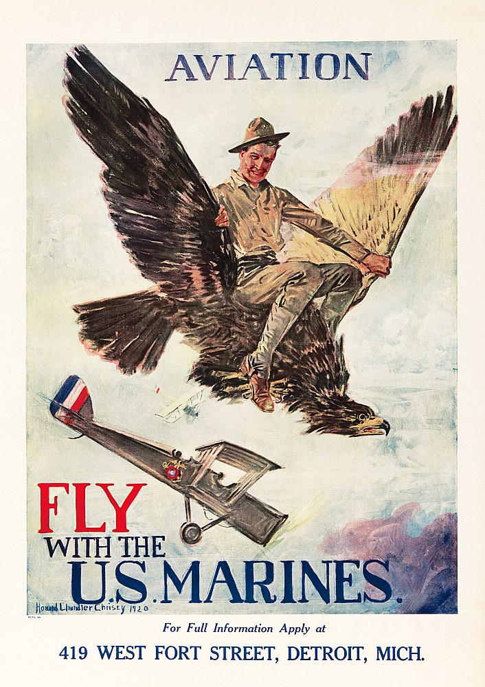 Aviation, Fly, With, The, U. S. Marines., Howard Chadler Christy 1920, For Full Information Apply At, 419 West Fort Street, Detroit, Mich.