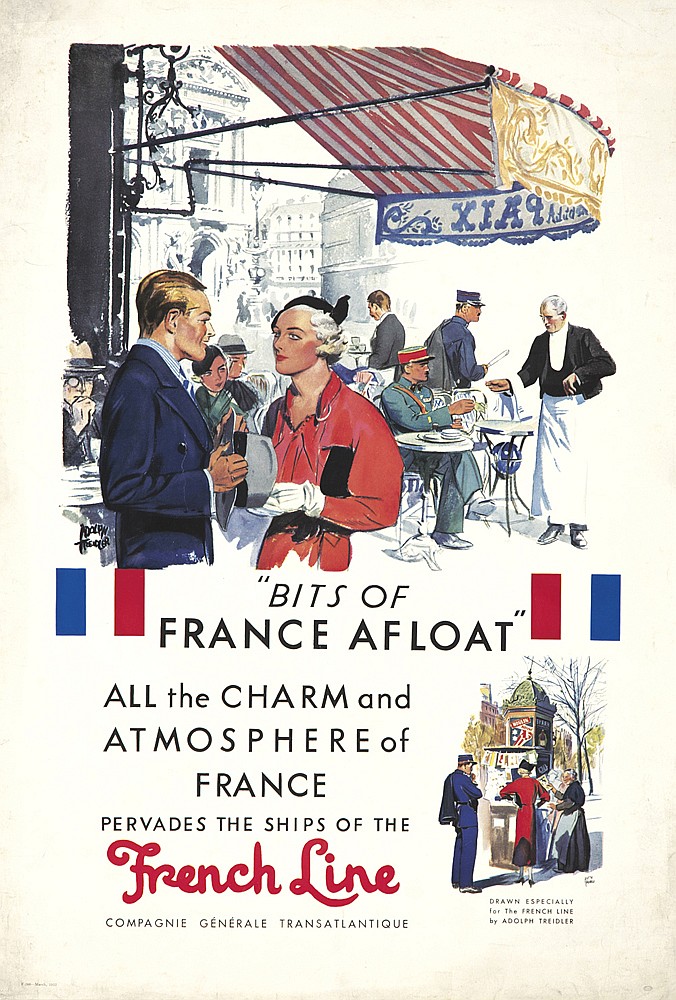 Xeap, “Bits of, France Afloat”, All the Charm And, Atmosphere, Of France, Pervades The Ships Of The, French Line, Comagnie Generale Transatlantique, Drawn Especially, For The FrenchLine, By adolph Treidler