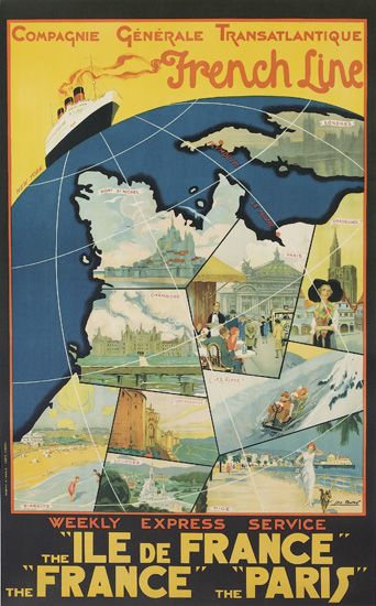 Compagnie Generale Transatlantique, French Line, Weekly Express Service,The Ile De France, The France The Paris
