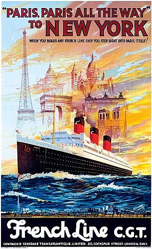 “Paris, All The way”, To Europe, When you Board any French line ship you step right into paris Itself!, Paris, French Line C.G.T., ” Bits Of France Afloat”