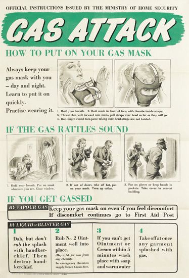 Gas Attack, Official Instructions Issued By The Ministry Of Home Securty, How To Put On Your Gas Mask, Always Keep Your Gas Mask With You Day And Night, Learn To Put It On Quickly. Practise Wearing It. If The Gas Rattles Sound, If You Get Gassed, By Vapour Gas, Keep Your gas Mask On Even If You feel Discomfort If Discomfort Continues Go To First Aid Post, Dab But Don’t Rub The Splash With Handkerchif Then Destroy Handkerchif., Rub No. 2 Ointment Well Into Place., If You Can’t Get Ointement Or Germ Within 5 Minutes Wash Place With Soap And Warm Water, Take Offat Once Any Garment Splashed With Gas.