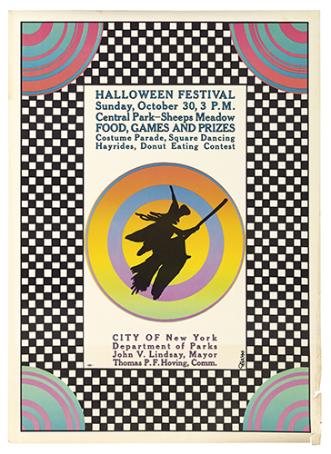 Halloween Festival, Sunday, october 30, 3 PM, Central Park-Sheeps Meadow Food games and prizes costume parade square dancing Hayrides, Donut eating contest, City Of New York Department Of Parks, john V.Lindsay Mayor Thomas P.F. Hoving, Comm