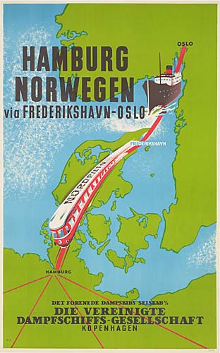 Hamburg, Norwegen, Via Frederikshavn OSLO, Noropilen, Det Forenede Dampskibs Selskab, Die Vereinigte, Dampfschiffs-Gesellschaft, Kopenhagen